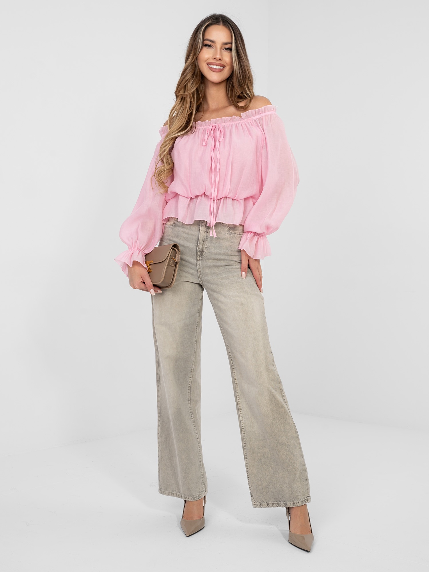 Helles rosa Off-Shoulder-Bluse mit Bindung RUE PARIS.