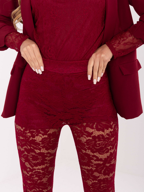 Bordowe koronkowe spodnie z wysokim stanem