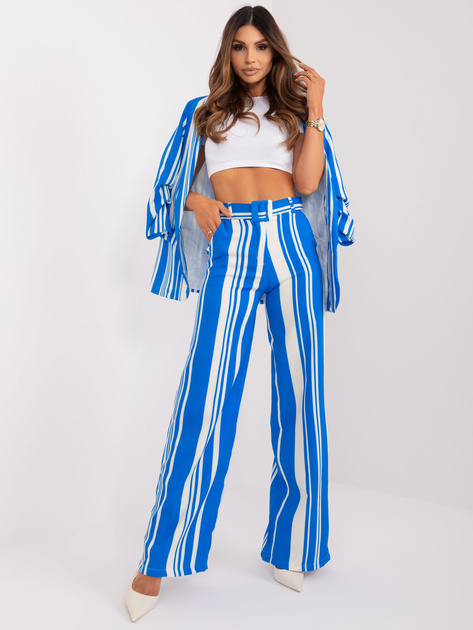 Hurt Ciemnoniebiesko-ecru materiałowe spodnie z paskiem