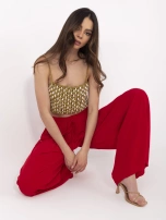 Red wide pleated pants.
