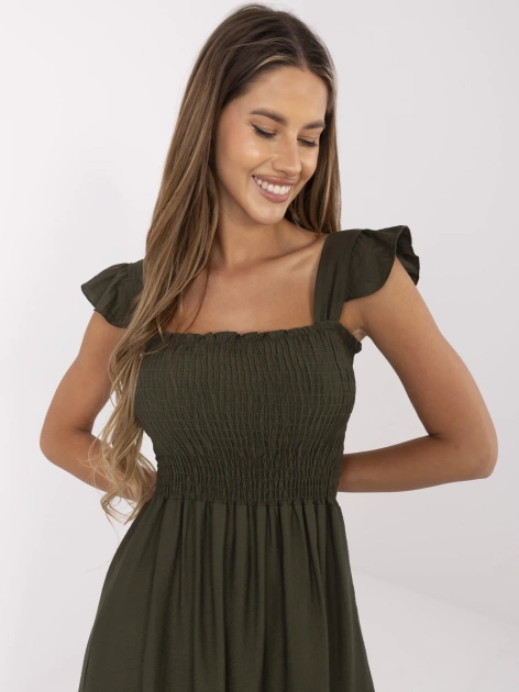 Khaki midi sukienka elastycznym marszczeniem