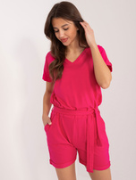 Fuchsia cotton jumpsuit with a V-neck.