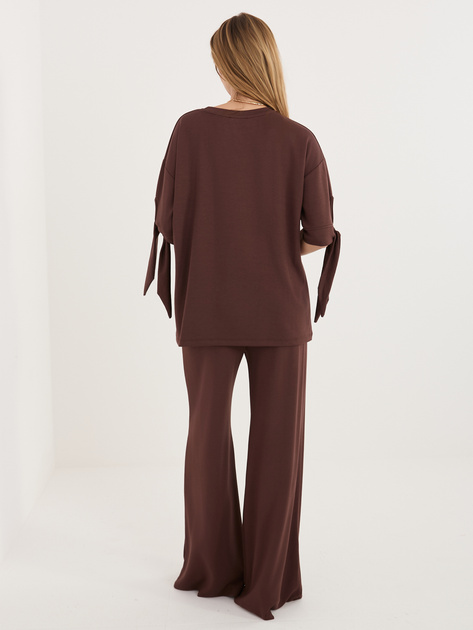 Czekoladowy damski komplet z szerokimi spodniami