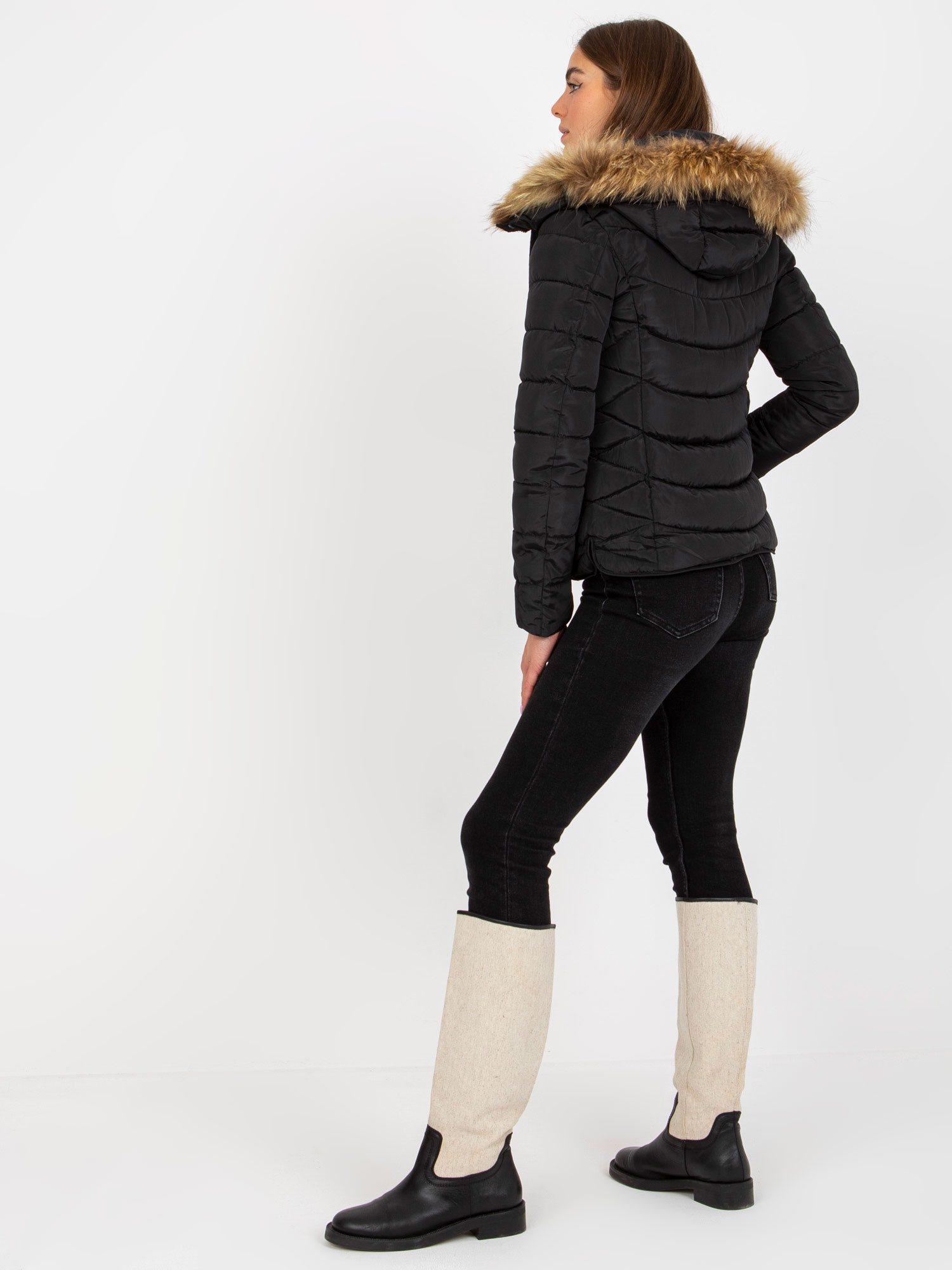 Hurt Black quilted transitional jacket with fur on the hood.
