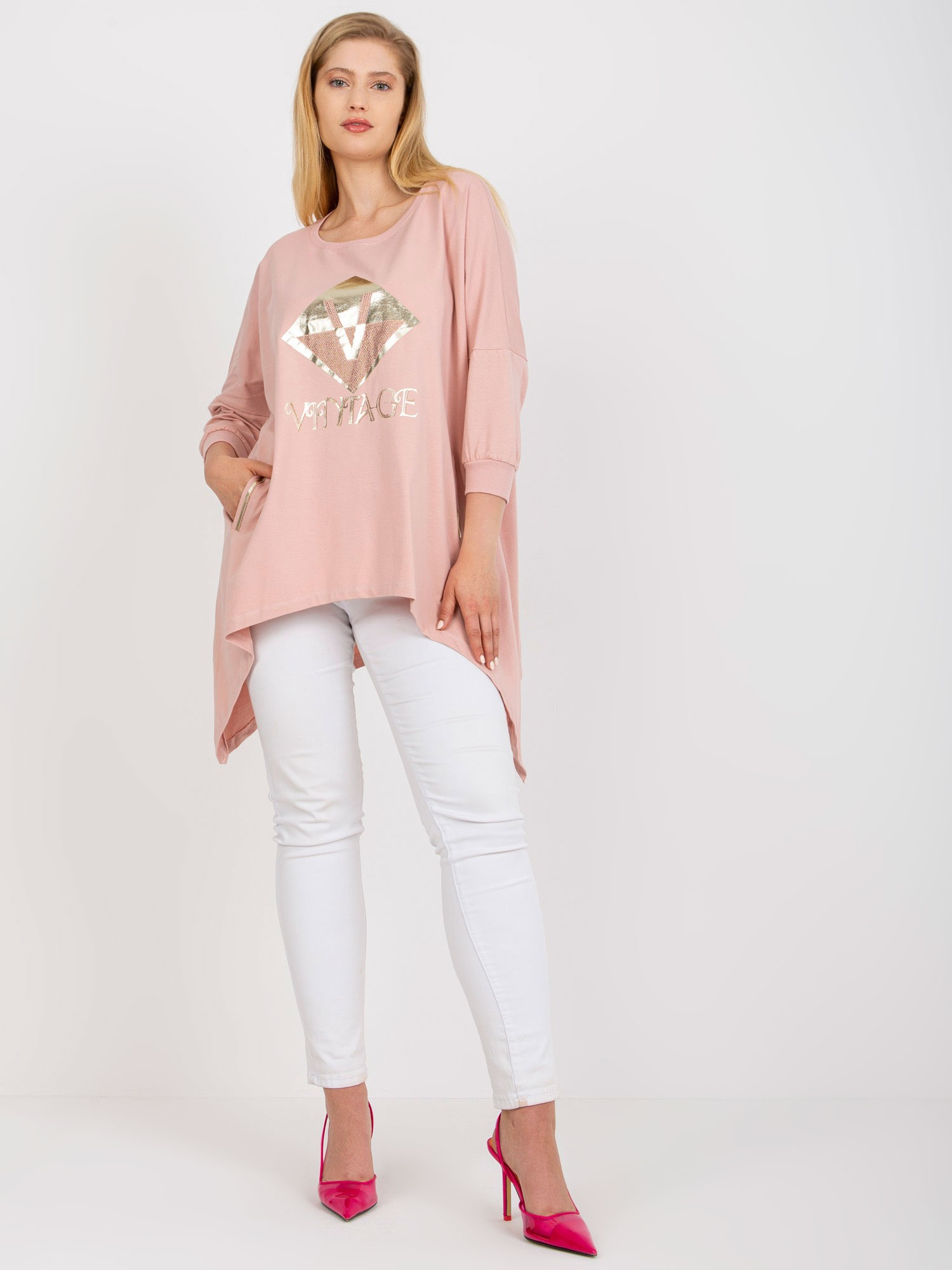 Ružovosivá dlhá blúzka plus size s vreckami.