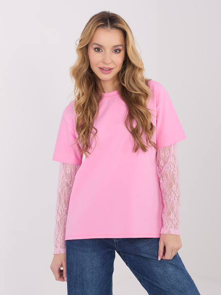 Różowa bawełniana bluzka z koronką