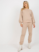 Hurt Beżowy komplet casualowy z bluzą z szerokim rękawem