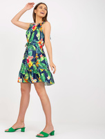 Granatowa letnia sukienka z falbaną i nadrukiem RUE PARIS 