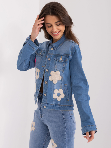 Hurt Niebieska damska kurtka jeansowa w kwiaty