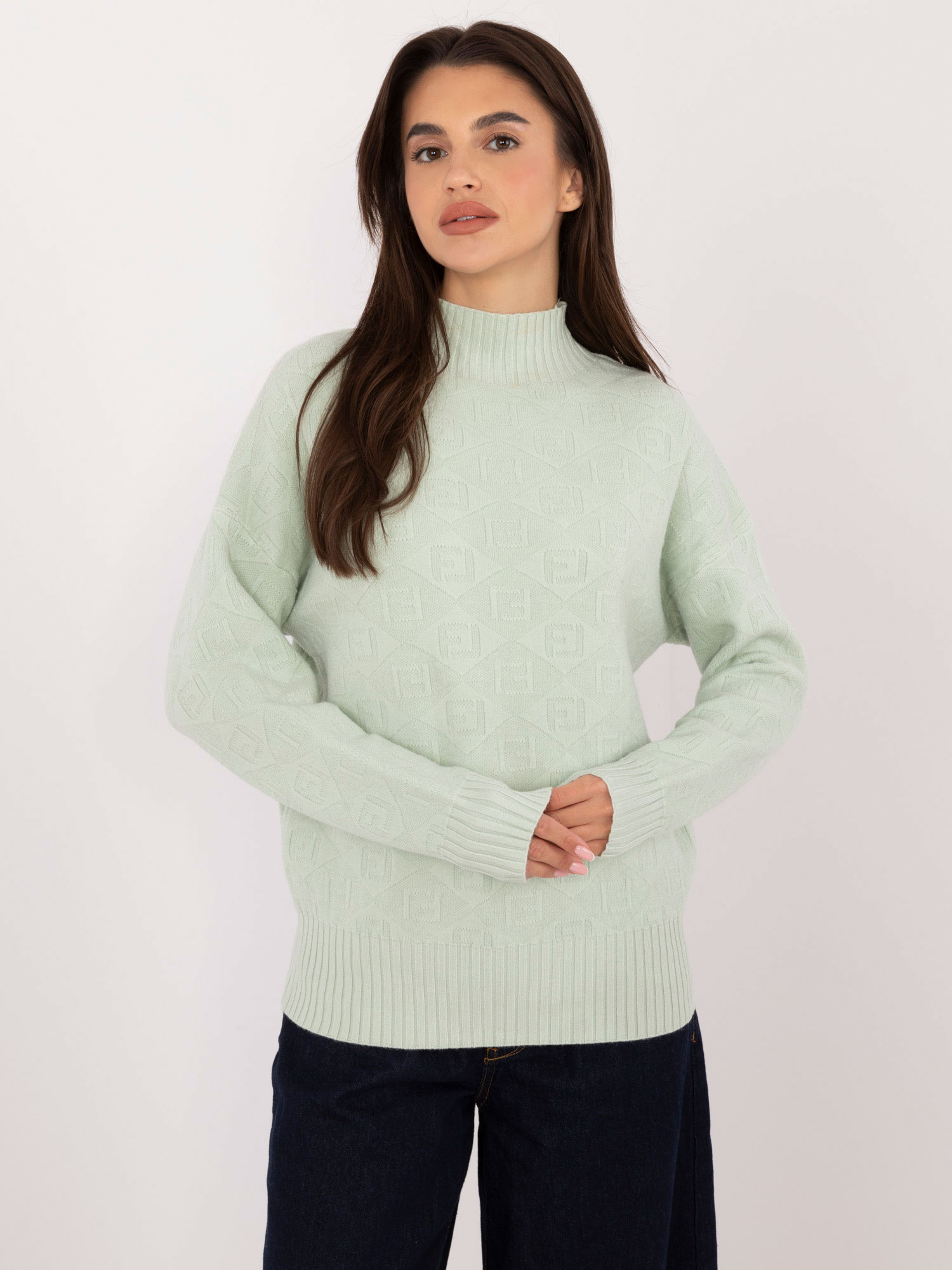 Hurt Jasnomiętowy wzorzysty sweter z półgolfem
