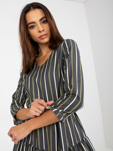 Hurt Ciemnoszara sukienka koktajlowa w paski z wiązaniem