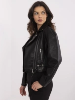 Black women's biker jacket with a belt.