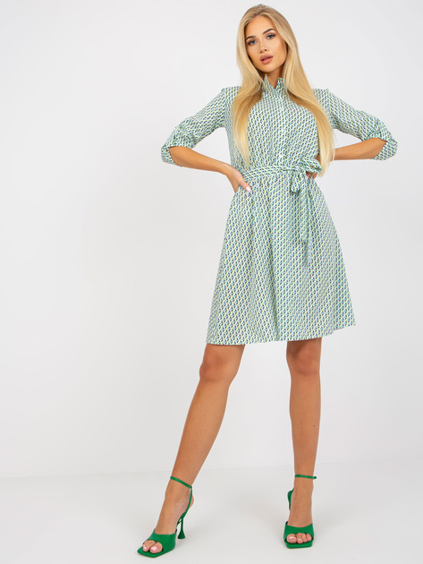 Biało-zielona sukienka na co dzień z zapięciem na guziki