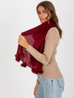 Hurt Bordowy szal dzianinowy z pomponami