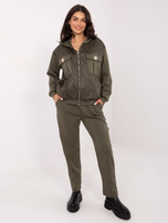 Khaki casual set with pockets.