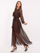 Brown maxi evening dress with appliqués.