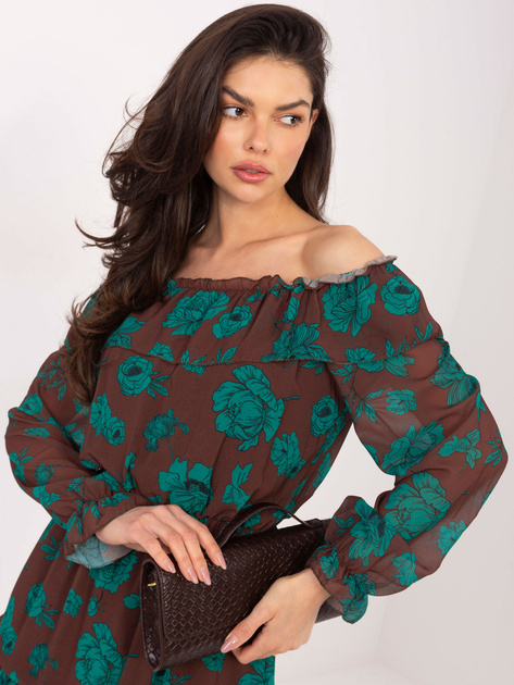 Brązowo-zielona sukienka hiszpanka z falbaną Briannon