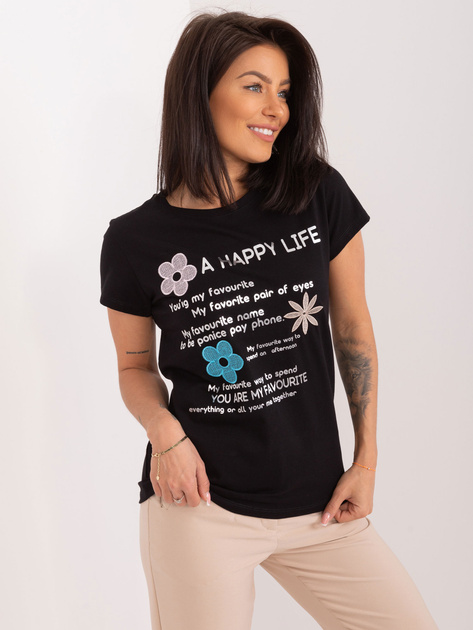 Hurtownia Czarny t-shirt z napisami BASIC FEEL GOOD