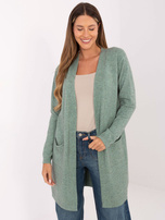 Dunkelgrüner Cardigan mit langen Ärmeln.