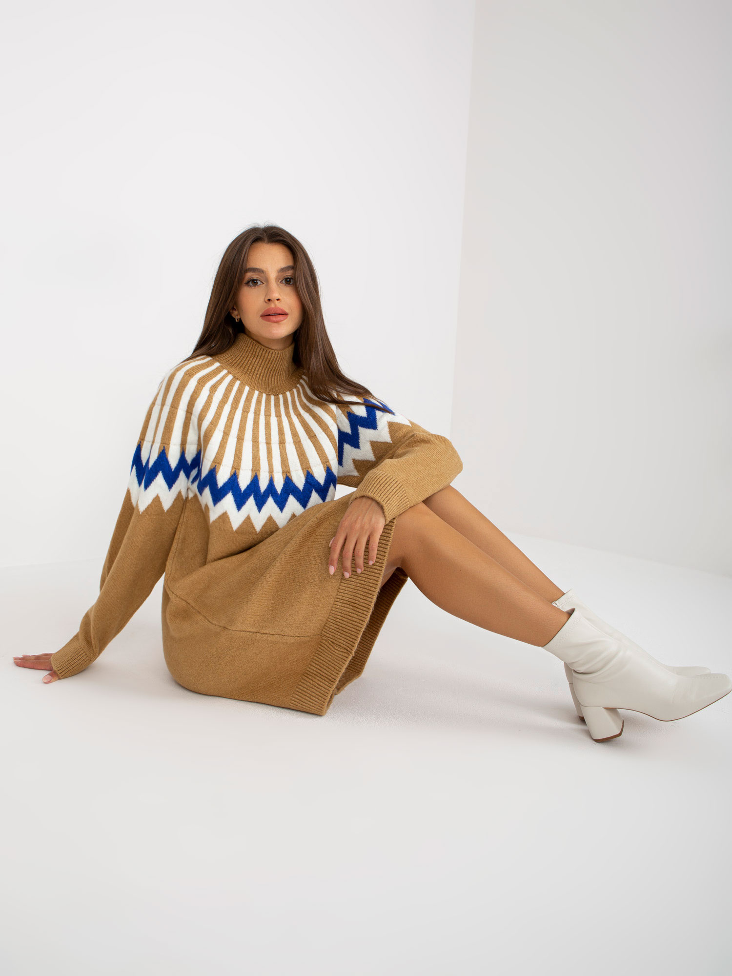 Hurt Camelowa sukienka z dzianiny we wzory RUE PARIS 