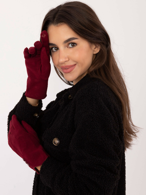 Hurt Bordowe rękawiczki damskie z guzikami