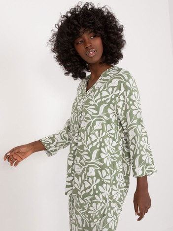 Hurtownia Khaki-biała luźna bluzka z roślinnym printem SUBLEVEL