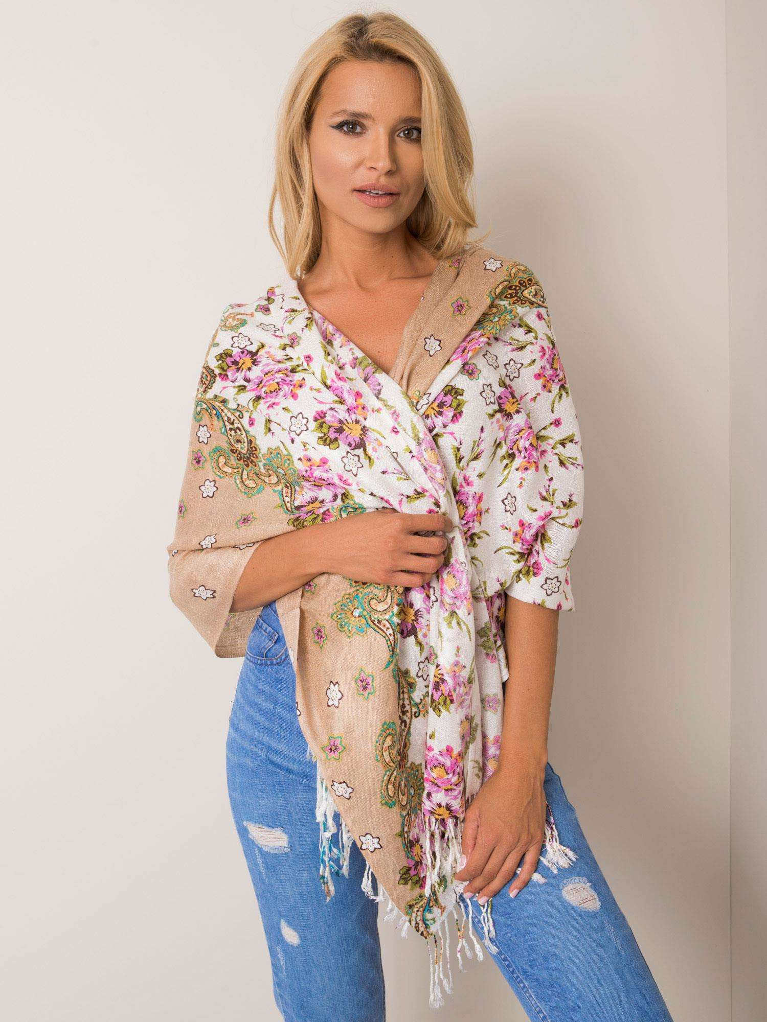 Beige Blume Schal mit Fransen.