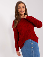 Hurt Bordowy sweter z warkoczami i długim rękawem