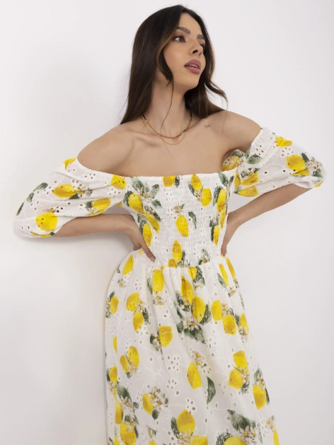 Ecru-żółta midi sukienka damska w cytryny