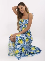 Blaue-gelbe lange Kleid mit Mustern.
