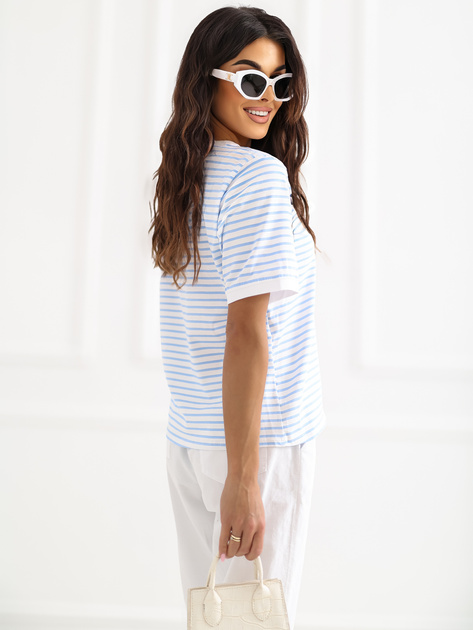 Biało-jasnoniebieski damski t-shirt z bawełny RUE PARIS