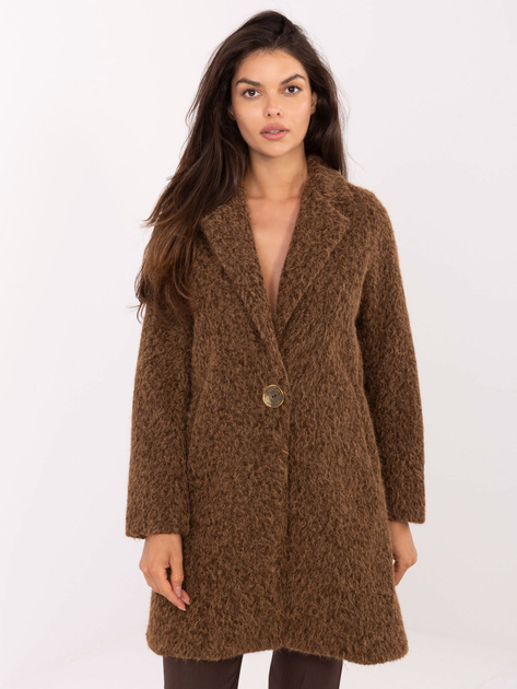 Brązowy damski płaszcz z kieszeniami
