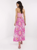Pink trapeze skirt with slits.