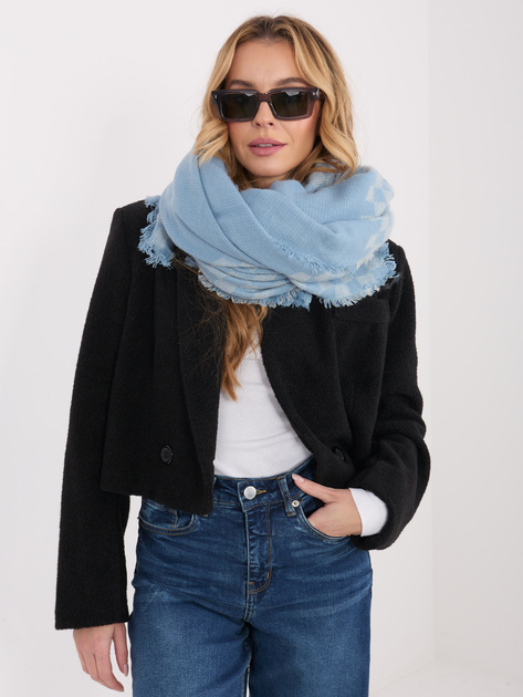 Jasnoniebiesko-ecru damski szal z frędzlami