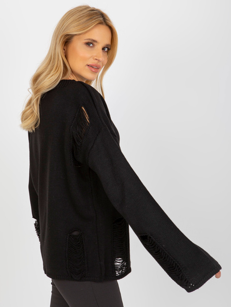 Hurt Czarny damski sweter oversize z dziurami z wełną