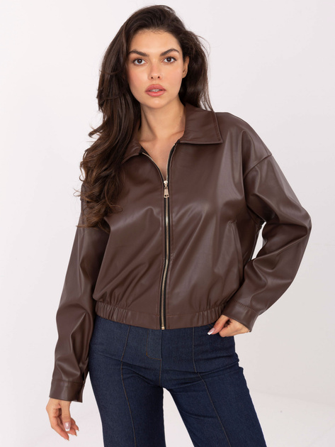 Brązowa skórzana kurtka typu bomberka RUE PARIS