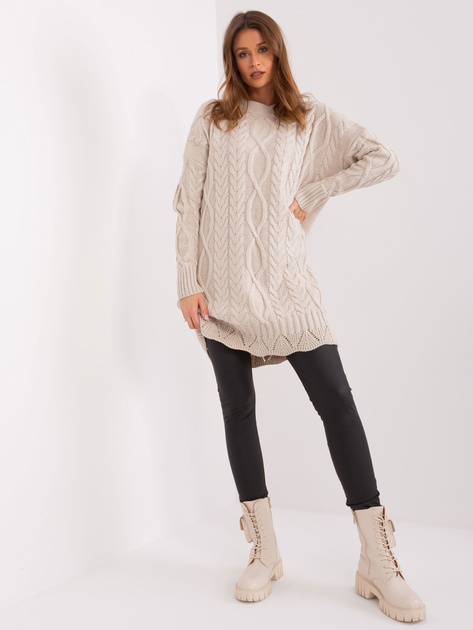 Hurtownia Jasnobeżowa sukienka oversize z dzianiny w warkocze RUE PARIS