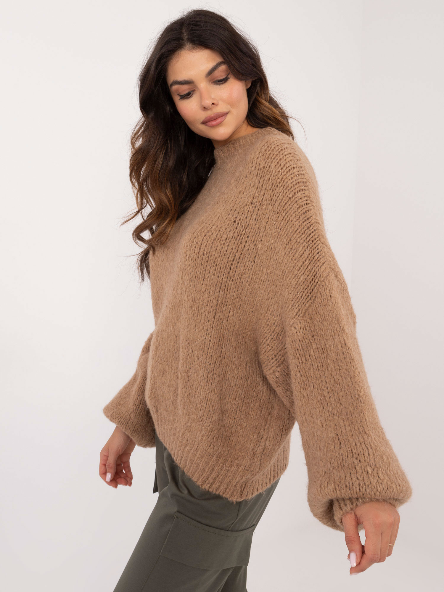 Hurt Camelowy damski dzianinowy sweter oversize OCH BELLA