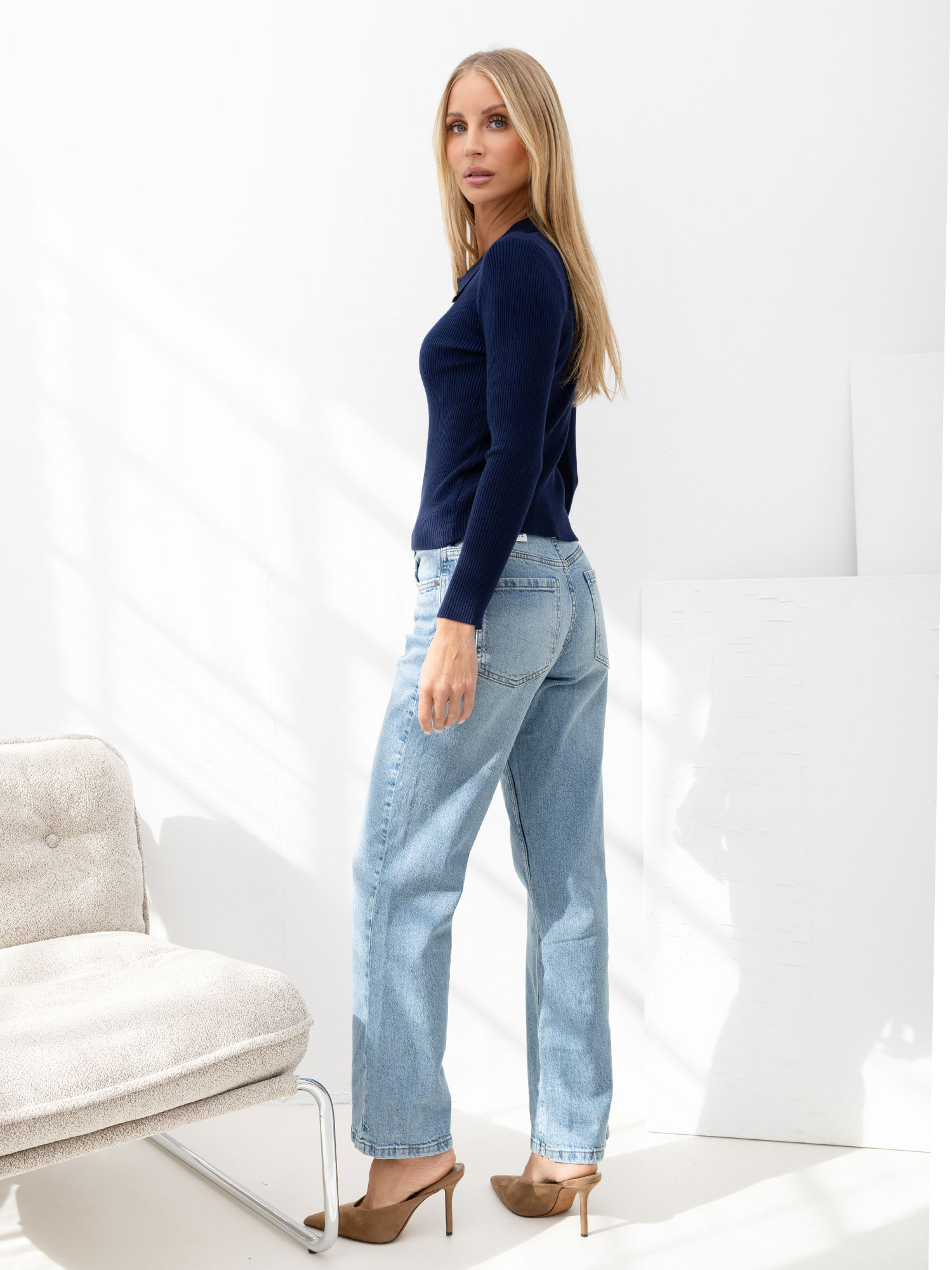 Granatowy sweter polo z podwójnym zamkiem