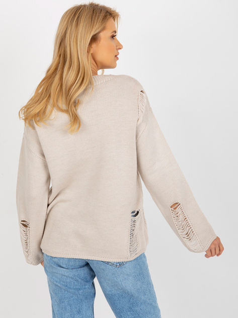 Hurt Beżowy damski sweter oversize z dziurami z wełną