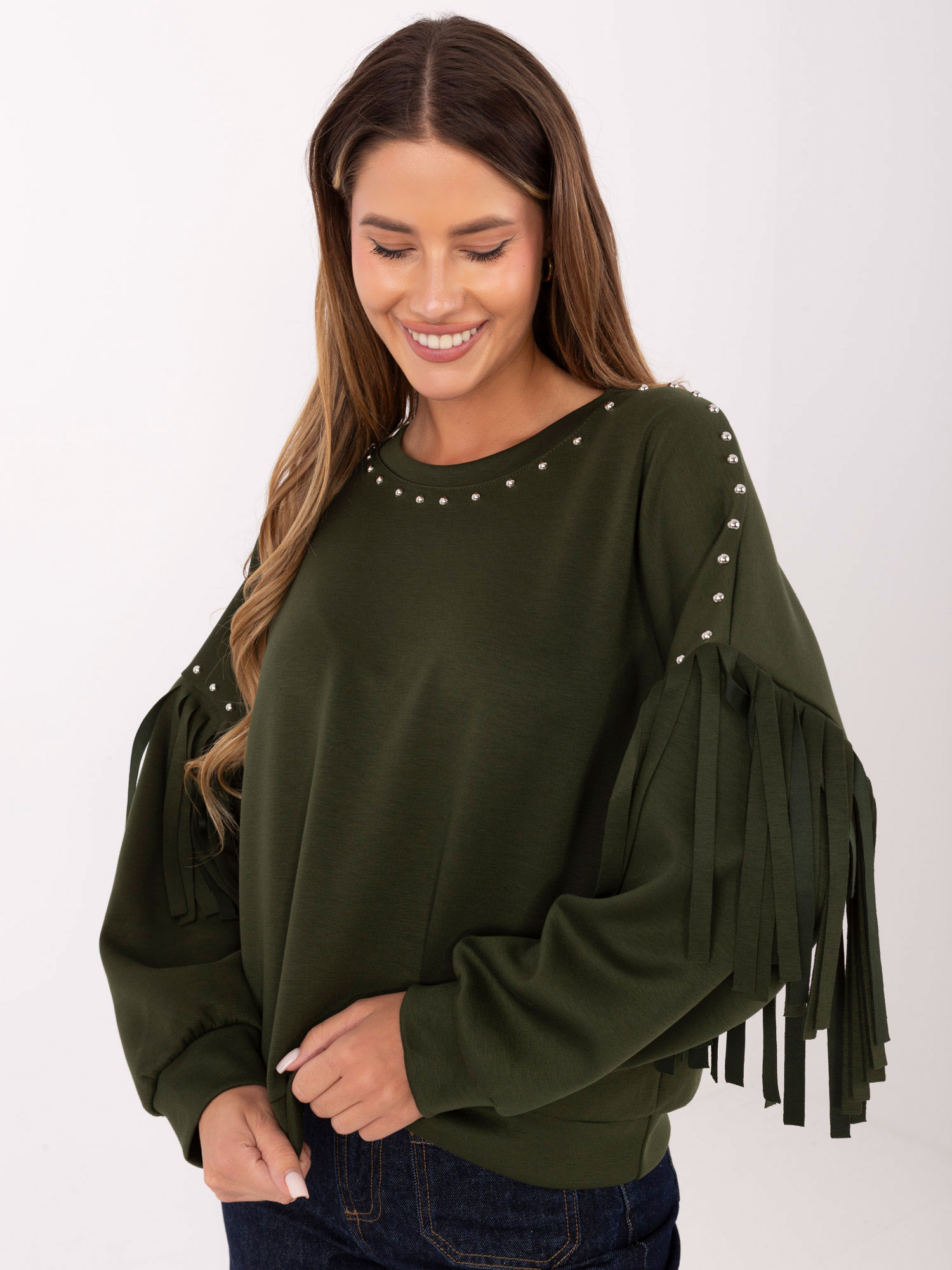 Khaki damska bluza z frędzlami RUE PARIS 