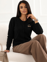 Čierny krátky kardigán s výšivkou jazvečíka.