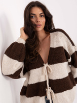 Ecru-brązowy sweter oversize z wiązaniem RUE PARIS 