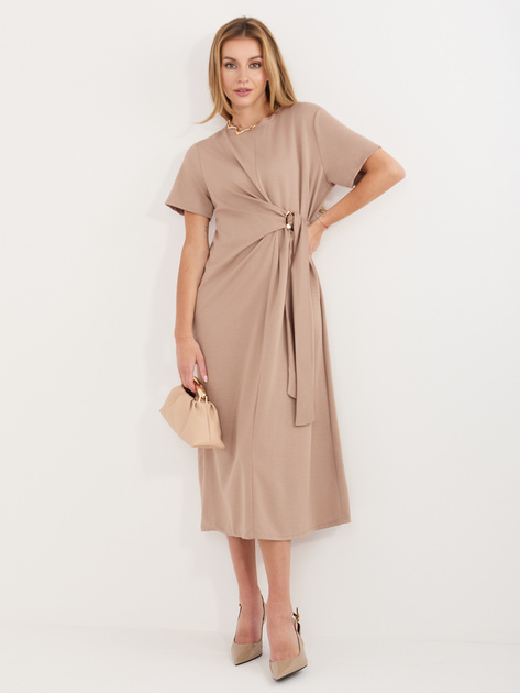 Ciemnobeżowa midi sukienka z krótkim rękawem