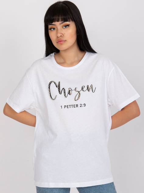 Biały damski t-shirt z napisem i aplikacją