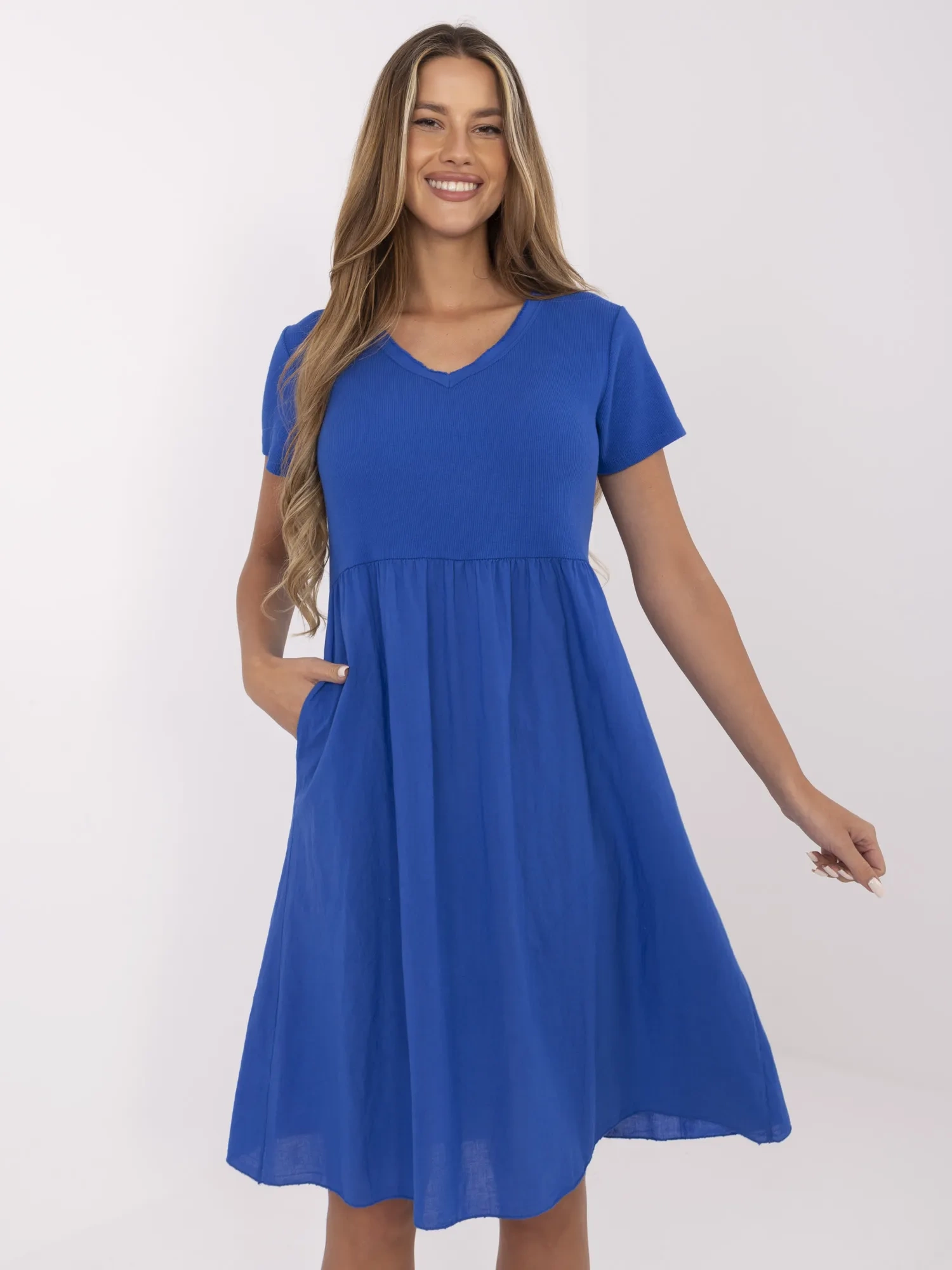 Dark blue dress with short sleeves.