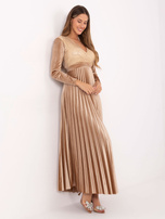 Beige evening dress with sequins.