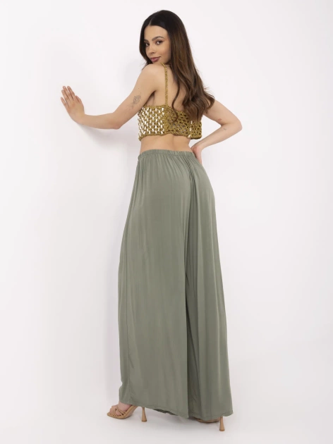 Khaki letnie spodnie z szeroką nogawką