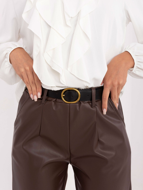 Ciemnobrązowe spodnie z ekoskóry z kieszeniami RUE PARIS