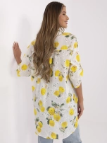 Ecru-gelbe asymmetrische Bluse mit Stickerei.